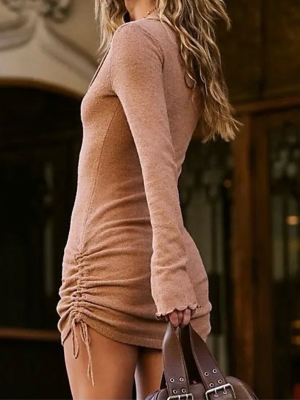 Free People Tan Ruched Long-Sleeve Mini Dress